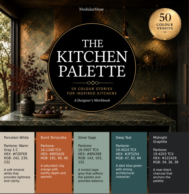 Cover of The Kitchen Palette workbook featuring 50 colour stories for inspired kitchens